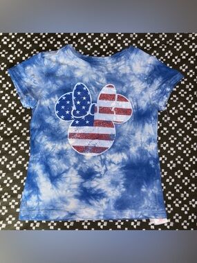 DISNEY Girls XS (4) Blue White Tie Dye Short Sleeve T-shirt US Flag Minnie Mouse